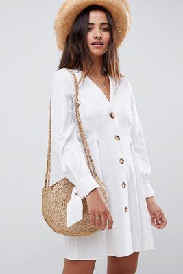 Button through Skater Mini Dress with Tie Sleeves from ASOS Design