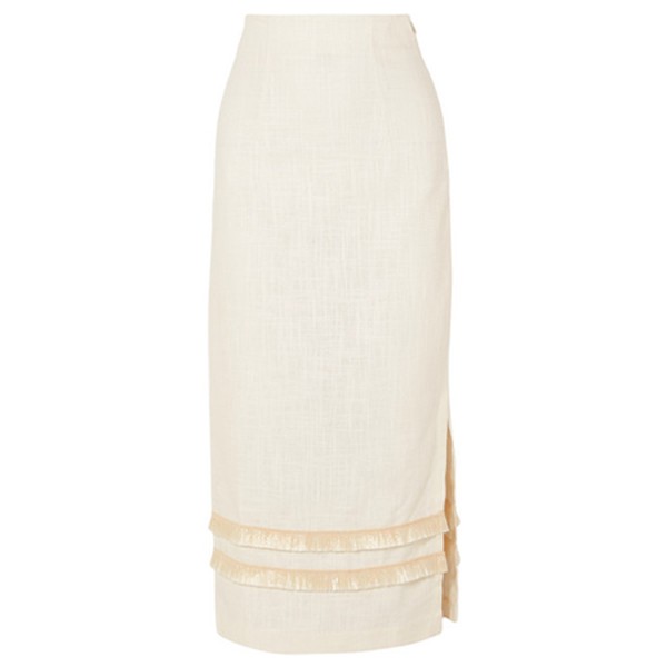 Fringed Linen-Blend Midi Skirt from Staud