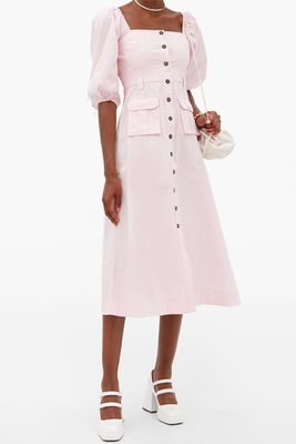 Puff-Sleeved Cotton-Blend Midi Dress from Ganni