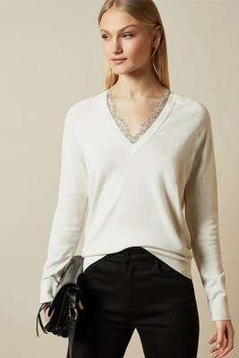 Lace Insert V Neck Jumper