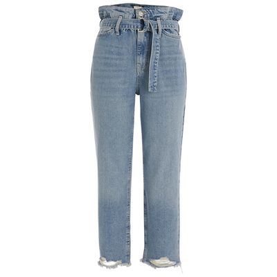 Blue Frayed Hem Mom Paperbag Belted Jeans