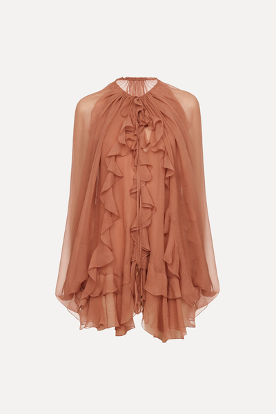 Ruffled Cape Tunic In Silk Mousseline