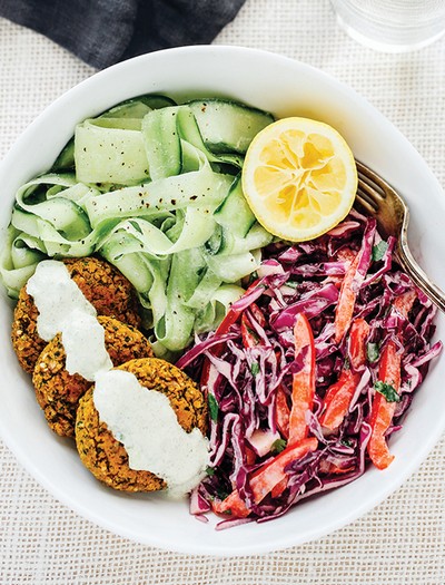 Cucumber Noodles And Falafel With Tzatziki Slaw