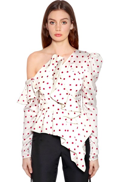 Asymmetrical Polka Dot Printed Satin Top from Self-Portrait