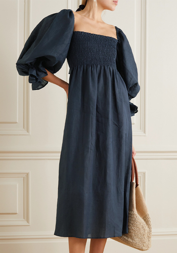 Atlanta Off-The-Shoulder Shirred Linen Midi Dress from Sleeper