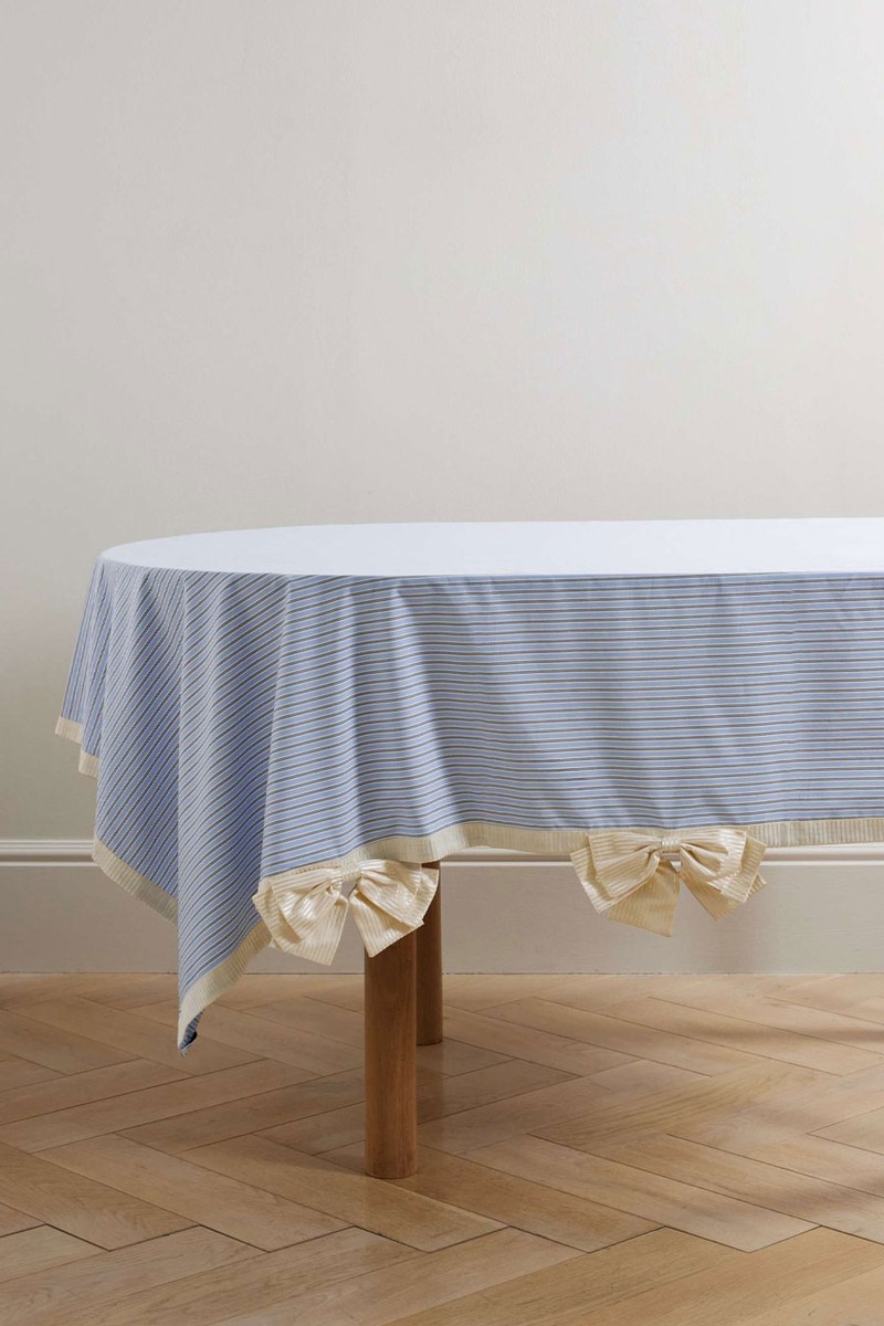 Bow & Button-Detailed Striped Cotton-Blend Tablecloth from Gohar World