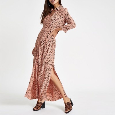 Brown Spot Print Shirt Maxi Dress