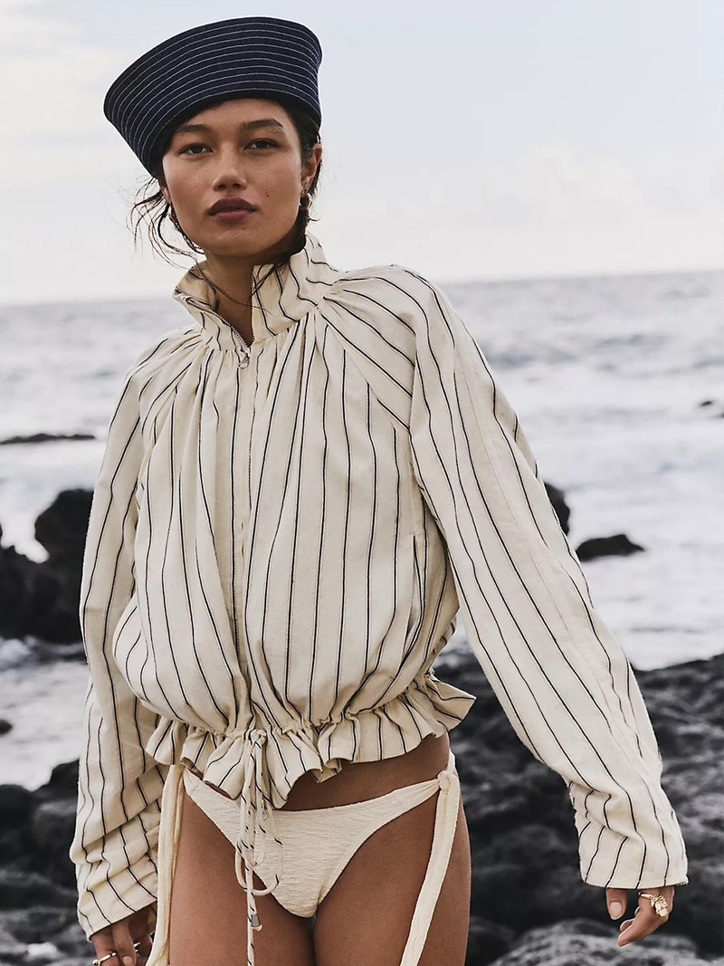 Devon Striped Balloon Funnel-Neck Jacket