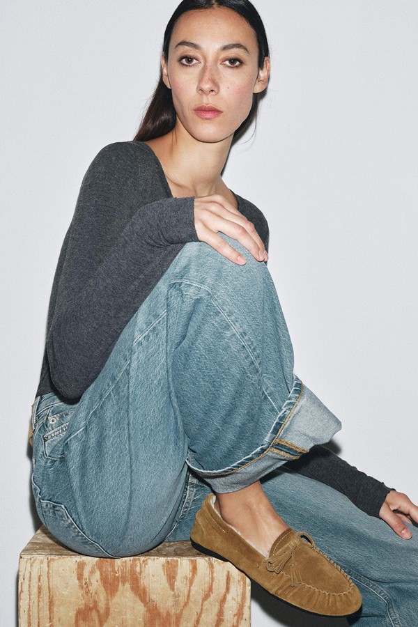 Split Suede Loafers With Faux Shearling