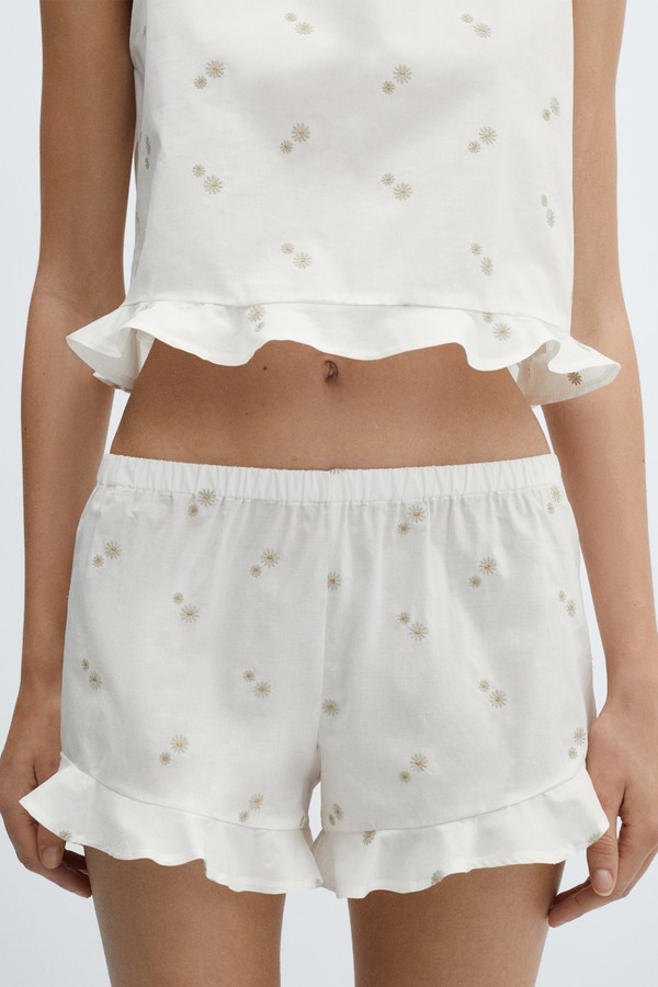 Floral Embroidered Cotton Pyjama Shorts from Mango