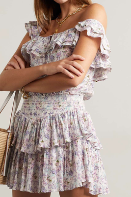 Shanely Ruffled Shirred Floral-Print Mini Dress from LoveShackFancy