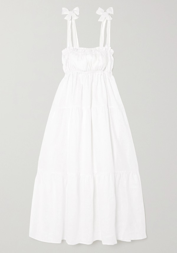Bellamy Tie-Detailed Tiered Linen Midi Dress from Faithfull The Brand