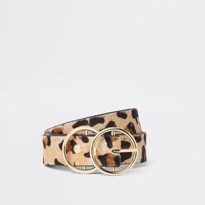 Beige Leather Leopard Print Double Ring Belt