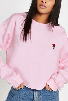 Pink Rose Embroidered Raw Hem Sweatshirt