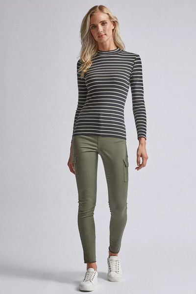 Stripe Print Funnel Neck Cotton T-Shirt