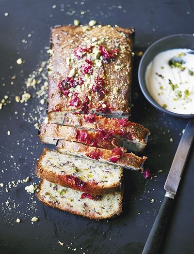 Pistachio, Lemon & Rose Drizzle Cake With Rose Cream