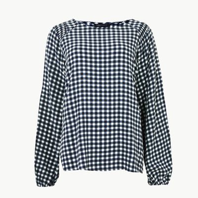 Checked Round Neck Long Sleeve Blouse