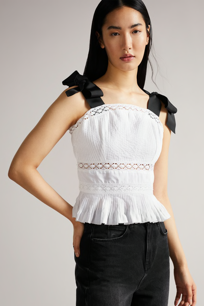 Lace Insert Peplum Top With Grosgrain Straps