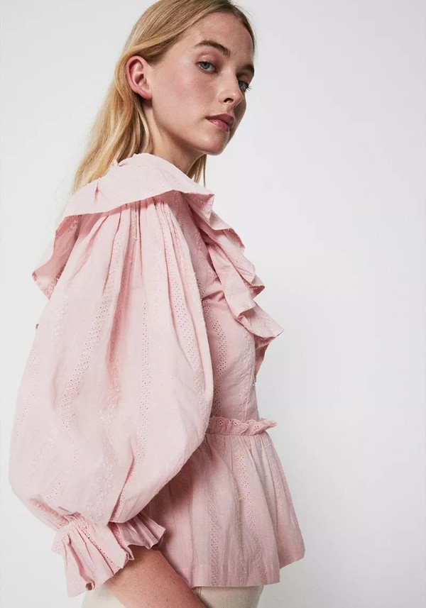 Embroidered Cotton Ruffle Front Top from Warehouse