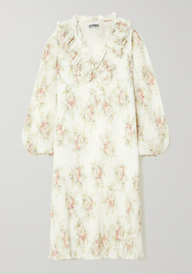 Ruffled Floral-Print Recycled Plissé-Georgette Midi Dress from Ganni