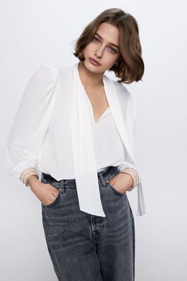 Tie-Neck Blouse With Beading