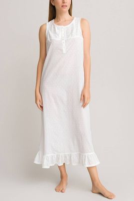 Embroidered Cotton Sleeveless Nightdress With Ruffled Hem from Anne Weyburn