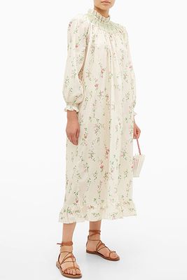 Smocked Floral-Print Cotton Maxi Dress from Loretta Caponi 