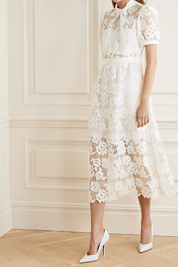 Grosgrain-trimmed Guipure Lace Midi Dress from Self-Portrait
