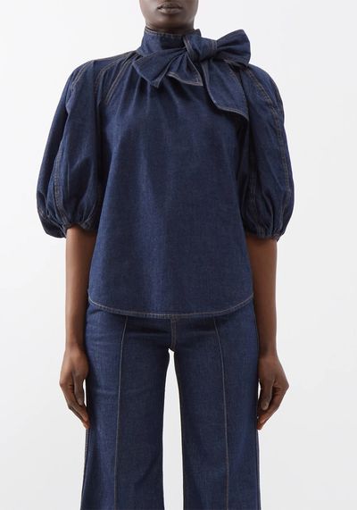 Tie-Neck Puff-Sleeve Denim Blouse from Zimmermann