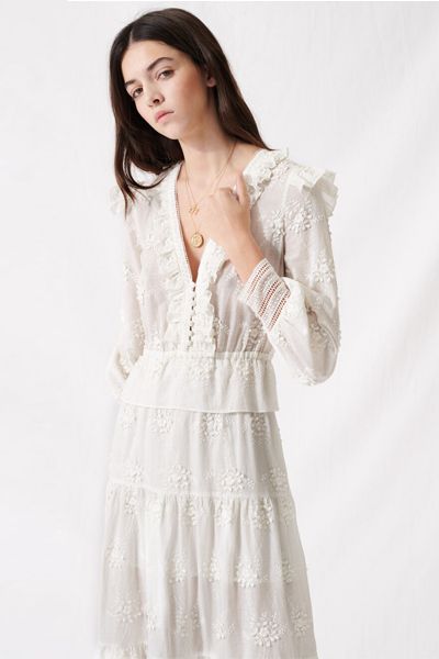 Ecru Dress With Ruffles and Embroidery from Maje