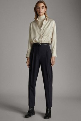 Navy Darted Houndstooth Woolen Trousers from Massimo Dutti
