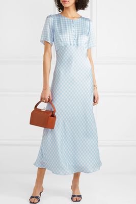 Florence Gingham Silk-Satin Midi Dress Blue & White