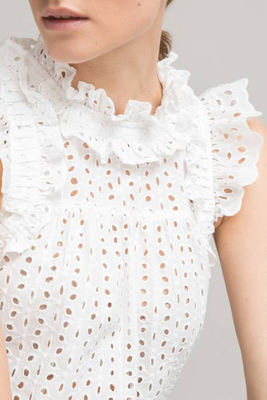Broderie Anglaise Sleeveless Blouse In Cotton With Ruffled Collar from La Redoute
