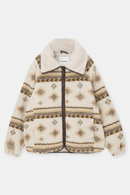 Faux Shearling Jacket With Print from Pull & Bear