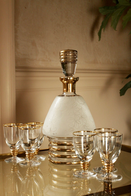 French Decanter & Shot Glasses With Gold Rims from House Of Hummingbird