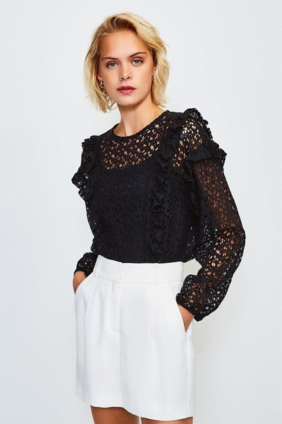 Cutwork Long Sleeve Frill Peplum Top