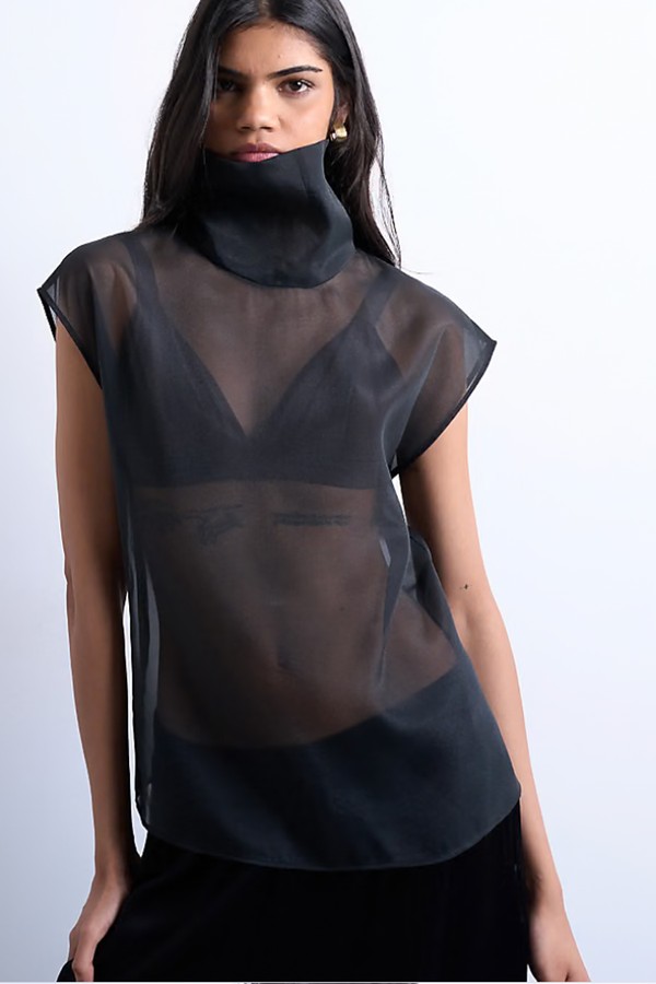 Co-Ord High Neck Grown On Shoulder Sheer Organza Top