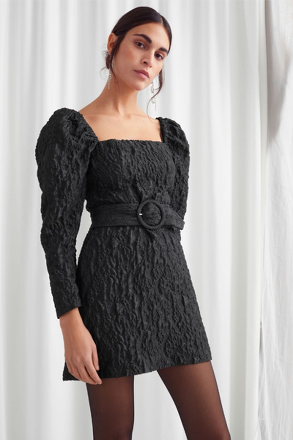 Belted Puff Sleeve Jacquard Mini Dress