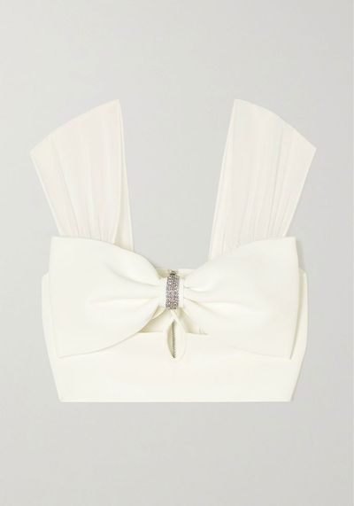 Crystal Embellished Bow-Detailed Crepe Cropped Top