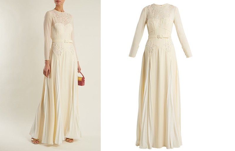 Pleated-Skirt Belted Crepe Dress