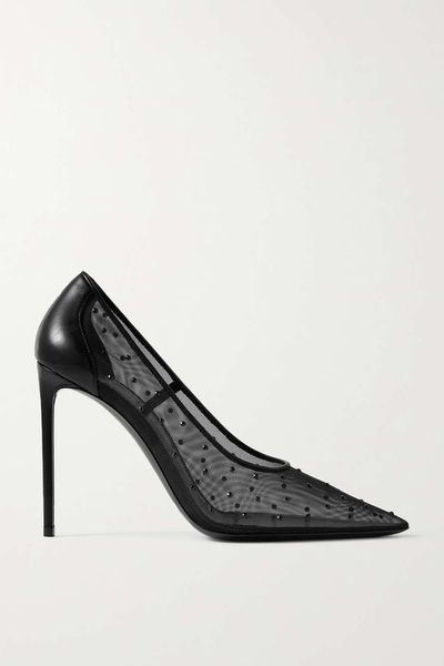 Anja Leather-Trimmed Crystal-Embellished Mesh Pumps from Saint Laurent