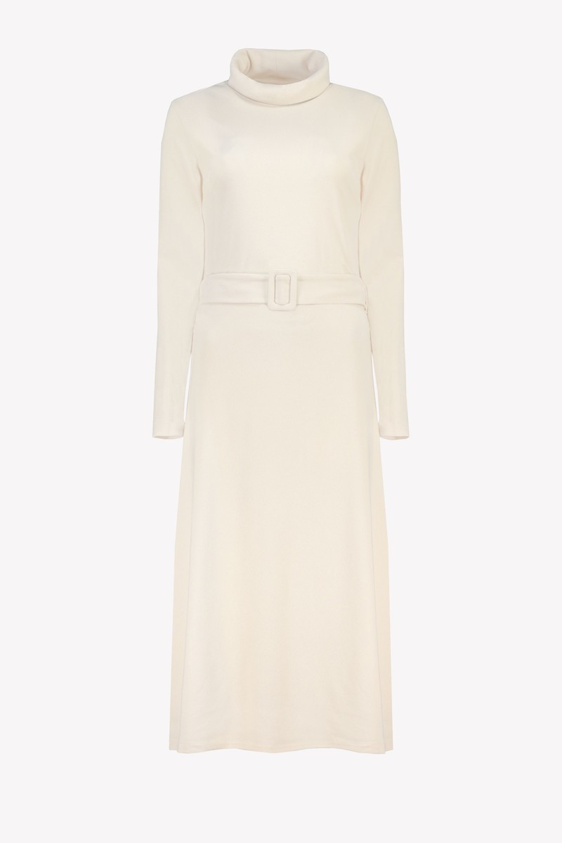Cream High Neck Belted Dress