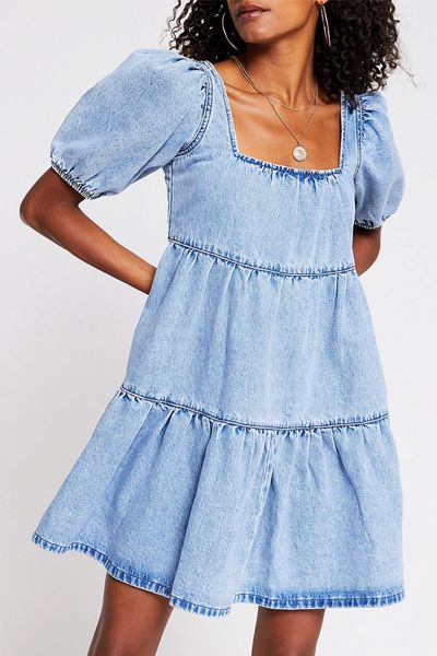 Denim Short Sleeve Smock Tiered Dress