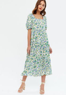 Green Ditsy Floral Frill Tiered Midi Dress 