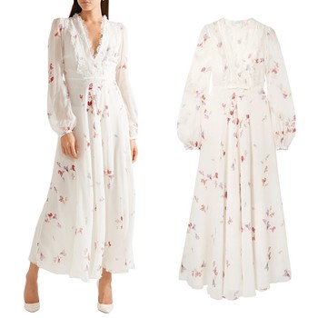 Lace-Trimmed Floral-Print Silk Crepe de Chine Maxi Dress from Giambattista Valli