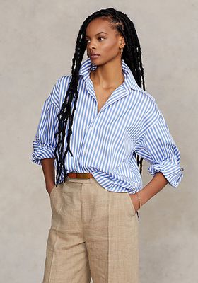 Striped Blouson-Sleeve Cotton Shirt