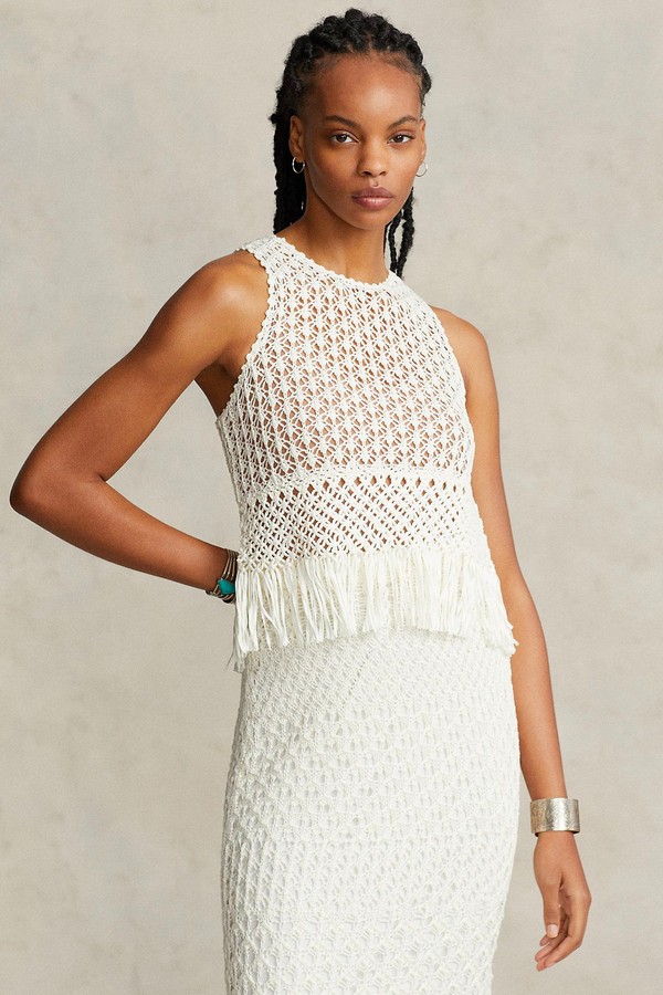 Pointelle Knit Macrame Fringe Cotton Top