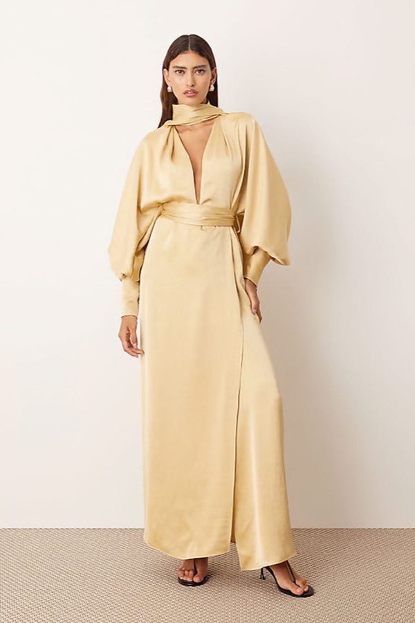Scarf Neck Blouson Sleeve Column Maxi Wrap Dress