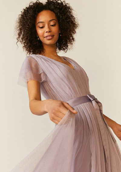 Tulle V-Neck Tie Belt Maxi Dress