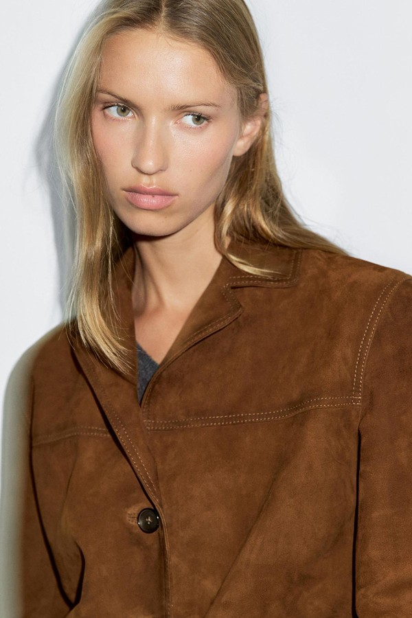 Suede Leather Blazer With Topstitching